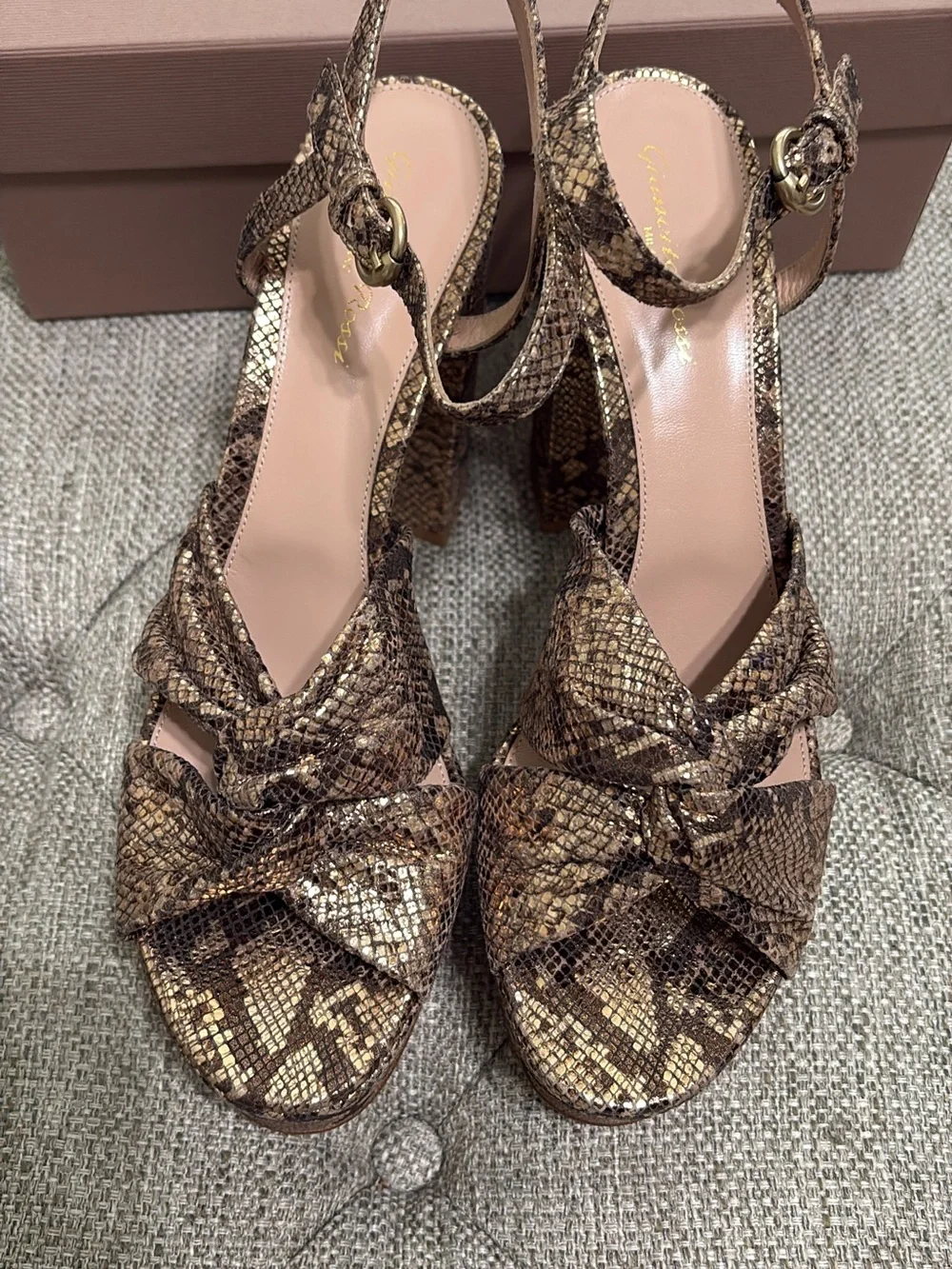 Gianvito Rossi Brown Snake-Print Platform Block Heel Sandals